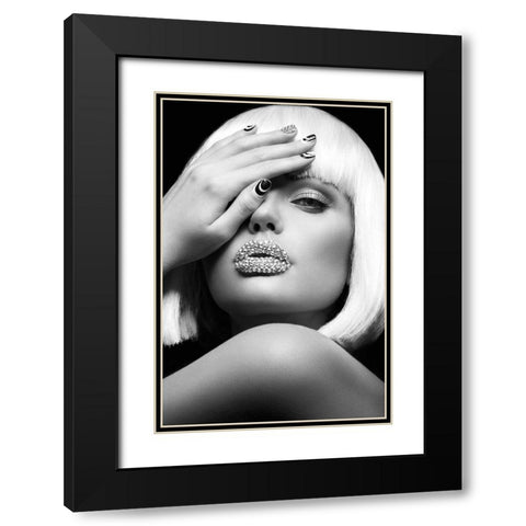 Diamond Lips BW Black Modern Wood Framed Art Print with Double Matting by Design Fabrikken
