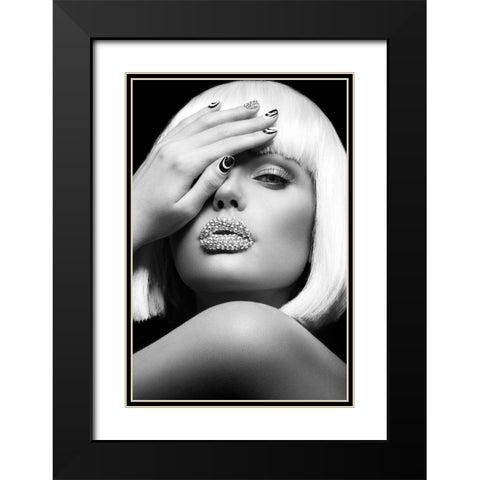Diamond Lips BW Black Modern Wood Framed Art Print with Double Matting by Design Fabrikken