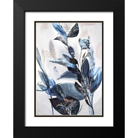 Blue Leaves Black Modern Wood Framed Art Print with Double Matting by Design Fabrikken