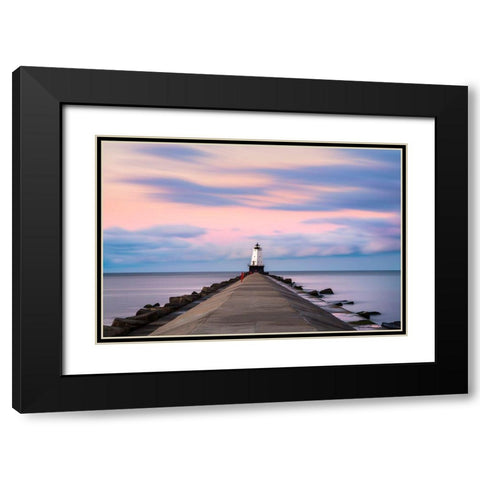 Ludington North Breakwater Light Sunrise Black Modern Wood Framed Art Print with Double Matting by Romanowicz, Adam