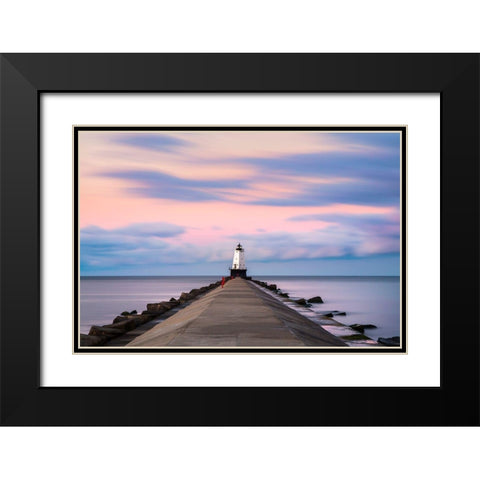 Ludington North Breakwater Light Sunrise Black Modern Wood Framed Art Print with Double Matting by Romanowicz, Adam
