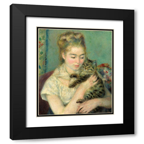 Woman with Cat (Femme au chat)-1875 Black Modern Wood Framed Art Print with Double Matting by Renoir, Pierre-Auguste
