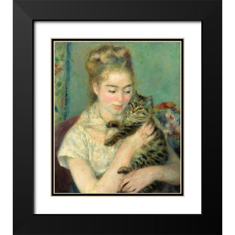 Woman with Cat (Femme au chat)-1875 Black Modern Wood Framed Art Print with Double Matting by Renoir, Pierre-Auguste