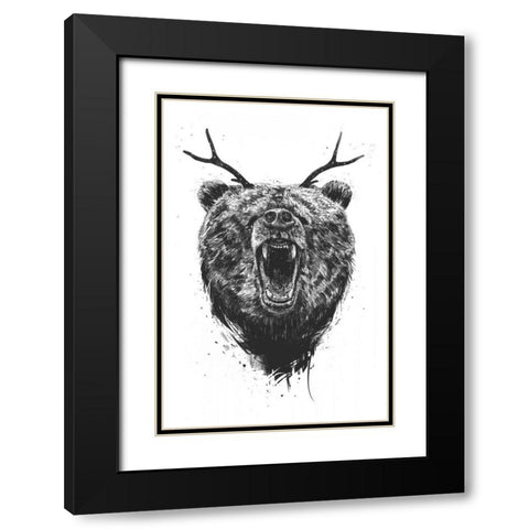 Angry Bear With Antlers Black Modern Wood Framed Art Print with Double Matting by Solti, Balazs