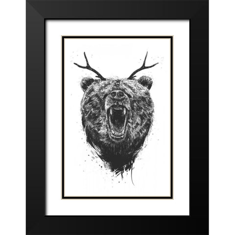 Angry Bear With Antlers Black Modern Wood Framed Art Print with Double Matting by Solti, Balazs