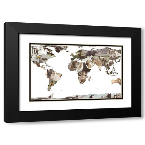 World Animals Map Black Modern Wood Framed Art Print with Double Matting by SD Graphics Studio