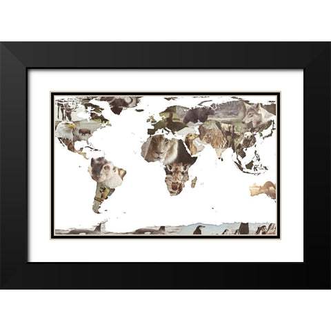 World Animals Map Black Modern Wood Framed Art Print with Double Matting by SD Graphics Studio