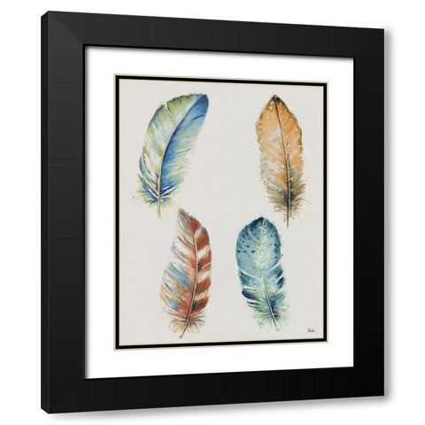 Four Colorful Feathers Black Modern Wood Framed Art Print with Double Matting by Pinto, Patricia