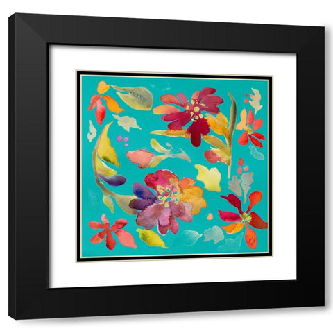 Floral Party On Teal Black Modern Wood Framed Art Print with Double Matting by Loreth, Lanie