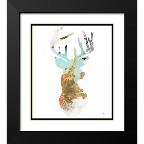 Gold Deer on Forest Black Modern Wood Framed Art Print with Double Matting by Pinto, Patricia