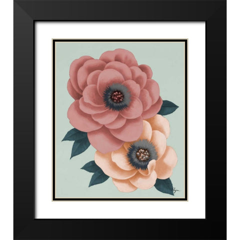 Pink Flowers on Mint I Black Modern Wood Framed Art Print with Double Matting by Rhyan, Vivien