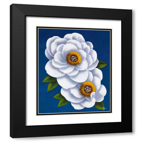 White Flowers on Blue I Black Modern Wood Framed Art Print with Double Matting by Rhyan, Vivien