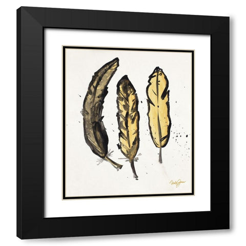 Golden Feathers I Black Modern Wood Framed Art Print with Double Matting by James, Nola