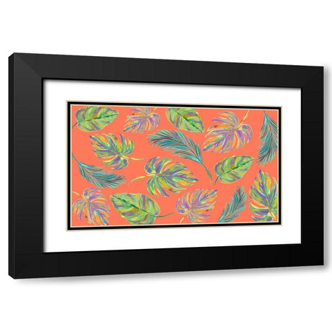 Colorful Leaves Scatter Pattern Black Modern Wood Framed Art Print with Double Matting by DeRice, Julie