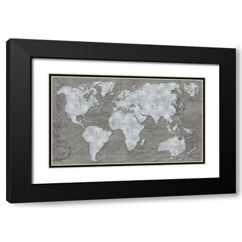 World Map On Script Black Modern Wood Framed Art Print with Double Matting by Medley, Elizabeth