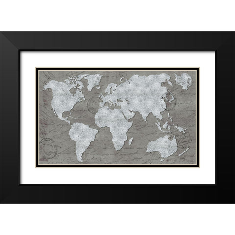 World Map On Script Black Modern Wood Framed Art Print with Double Matting by Medley, Elizabeth