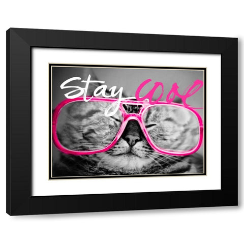Stay Cool Cat Black Modern Wood Framed Art Print with Double Matting by SD Graphics Studio