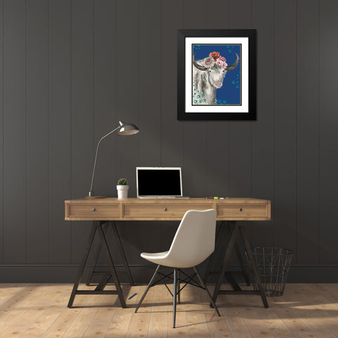 Floral Yak on Blue Black Modern Wood Framed Art Print with Double Matting by Medley, Elizabeth