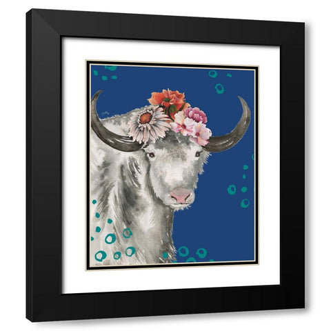 Floral Yak on Blue Black Modern Wood Framed Art Print with Double Matting by Medley, Elizabeth