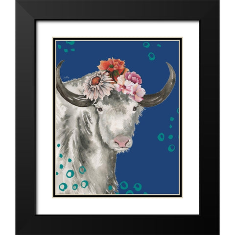 Floral Yak on Blue Black Modern Wood Framed Art Print with Double Matting by Medley, Elizabeth