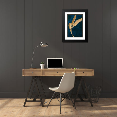 Gold Leaves on Navy III Black Modern Wood Framed Art Print with Double Matting by Loreth, Lanie