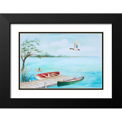 Fishing Dock With Mallards Black Modern Wood Framed Art Print with Double Matting by Gaynor, Janice