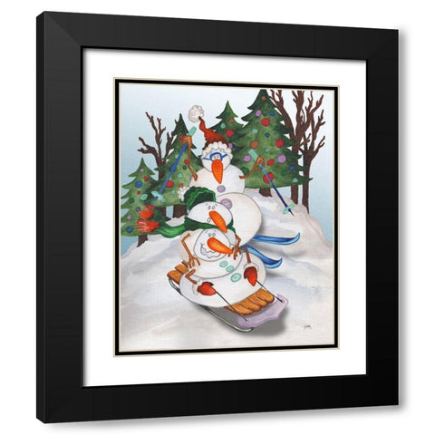 Sledding Snowmen Black Modern Wood Framed Art Print with Double Matting by Medley, Elizabeth