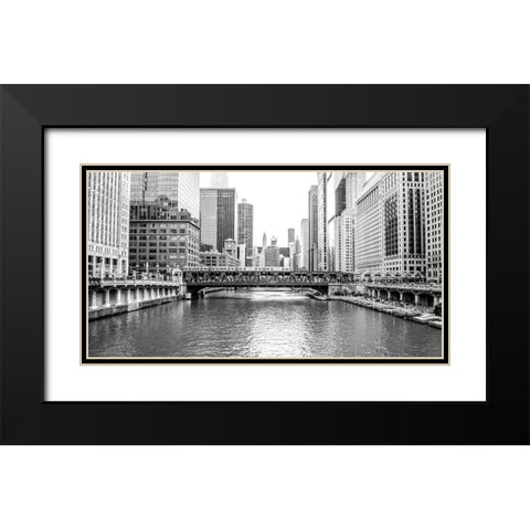 BW Chicago River View Black Modern Wood Framed Art Print with Double Matting by Bill Carson Photography