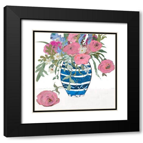 Blue Vase of Pink Roses Black Modern Wood Framed Art Print with Double Matting by Maria, Robin