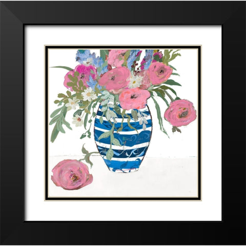 Blue Vase of Pink Roses Black Modern Wood Framed Art Print with Double Matting by Maria, Robin
