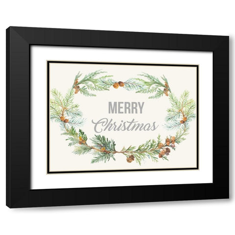 Merry Christmas Pine Cone Wreath Black Modern Wood Framed Art Print with Double Matting by Loreth, Lanie