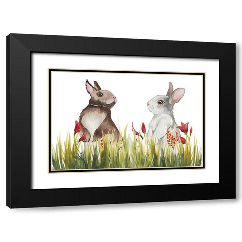 Bunnies Among the Flowers I Black Modern Wood Framed Art Print with Double Matting by Medley, Elizabeth