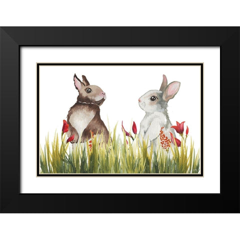 Bunnies Among the Flowers I Black Modern Wood Framed Art Print with Double Matting by Medley, Elizabeth