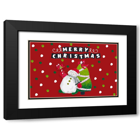 Merry Christmas Snowman and Tree Black Modern Wood Framed Art Print with Double Matting by Pinto, Patricia