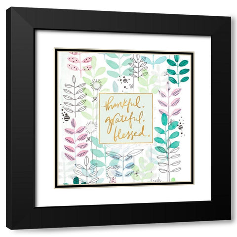 Thankful Grateful Blessed Botanicals Black Modern Wood Framed Art Print with Double Matting by Krinlox
