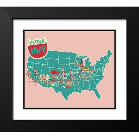 Roadtrip Map Black Modern Wood Framed Art Print with Double Matting by Bucheli, Jen
