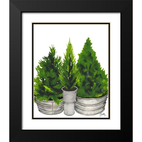 Evergreens in Galvanized Tins Black Modern Wood Framed Art Print with Double Matting by Medley, Elizabeth