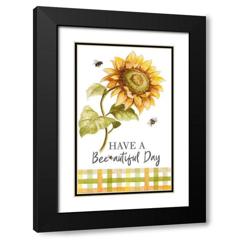 Harvest Sunflower Bee With Plaid Black Modern Wood Framed Art Print with Double Matting by Pinto, Patricia