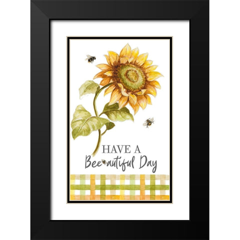 Harvest Sunflower Bee With Plaid Black Modern Wood Framed Art Print with Double Matting by Pinto, Patricia