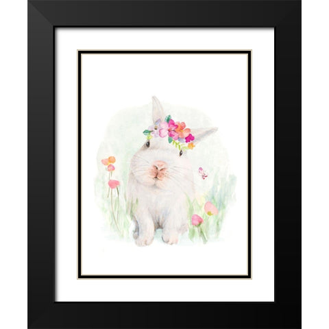 White Bunny With Flower Bonnet Black Modern Wood Framed Art Print with Double Matting by Loreth, Lanie