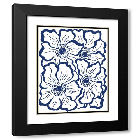 Navy Floral Linocut I Black Modern Wood Framed Art Print with Double Matting by Medley, Elizabeth