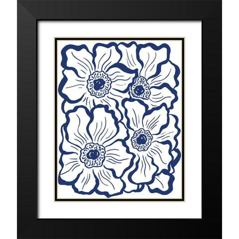 Navy Floral Linocut I Black Modern Wood Framed Art Print with Double Matting by Medley, Elizabeth