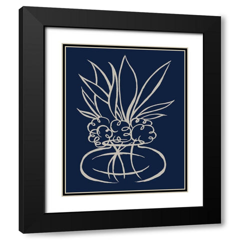 Line Leaves In Vase On Navy II Black Modern Wood Framed Art Print with Double Matting by Medley, Elizabeth