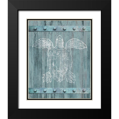 White Turtle Painted On Blue Wood Black Modern Wood Framed Art Print with Double Matting by Meneely, Dan