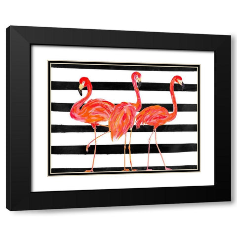 Fondly Flamingo Trio on Stripe Black Modern Wood Framed Art Print with Double Matting by DeRice, Julie