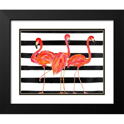Fondly Flamingo Trio on Stripe Black Modern Wood Framed Art Print with Double Matting by DeRice, Julie