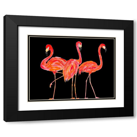 Trio of Flamingos on Black Black Modern Wood Framed Art Print with Double Matting by DeRice, Julie