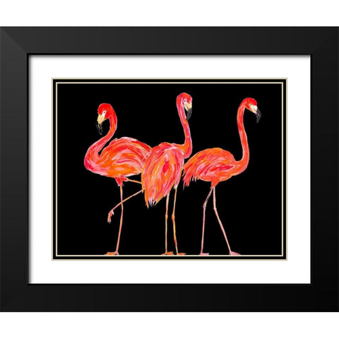 Trio of Flamingos on Black Black Modern Wood Framed Art Print with Double Matting by DeRice, Julie