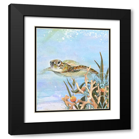 Turtle By The Reef II Black Modern Wood Framed Art Print with Double Matting by Diannart