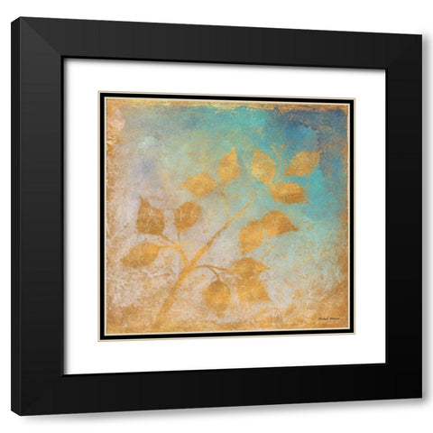 Gold Leaves on Blues I Black Modern Wood Framed Art Print with Double Matting by Marcon, Michael